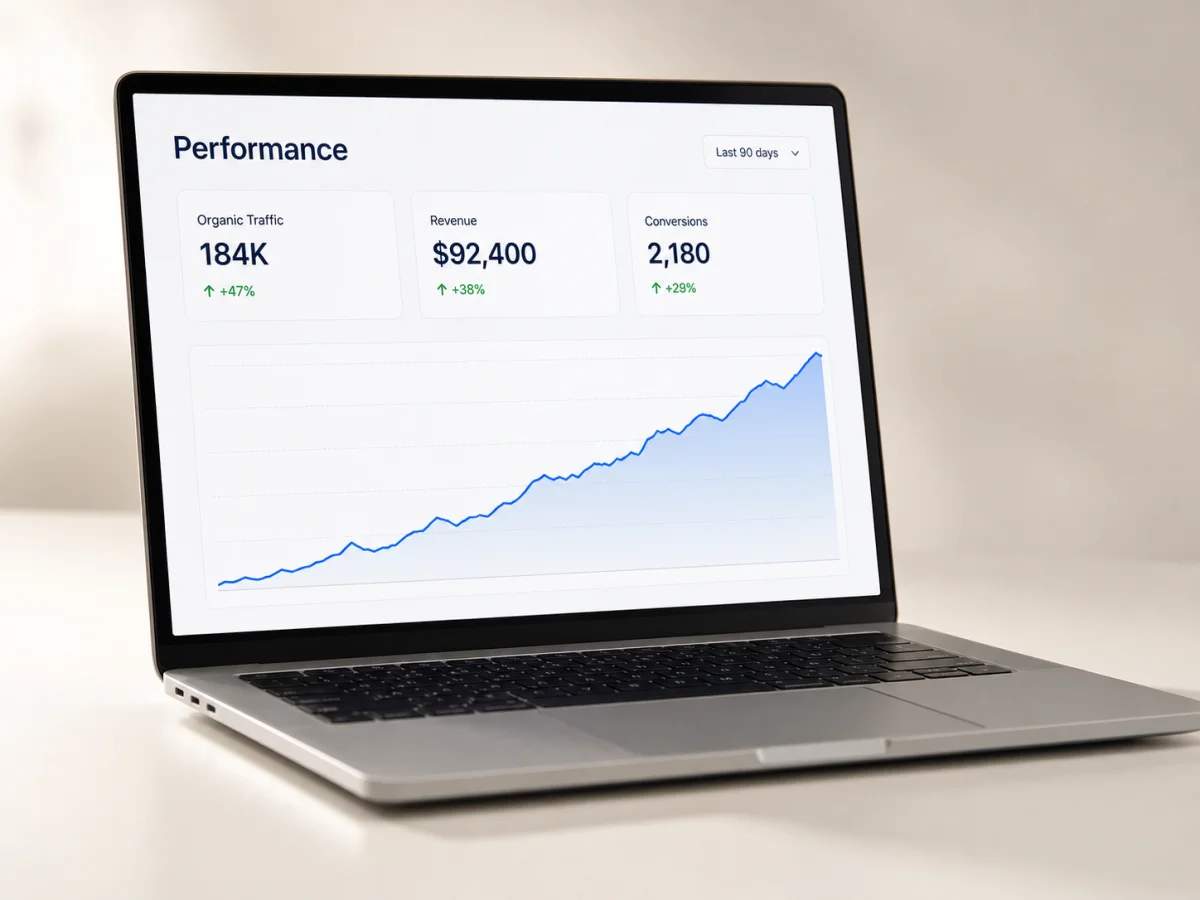 Performance dashboard showing organic traffic, revenue, and conversions growth